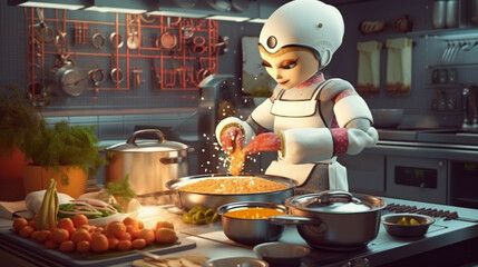 3d rendering of beautiful humanoid robot chef cooking in the kitchen.Concept of future artificial intelligence and 4th fourth industrial revolution.The concept of using robots instead of human labor. 