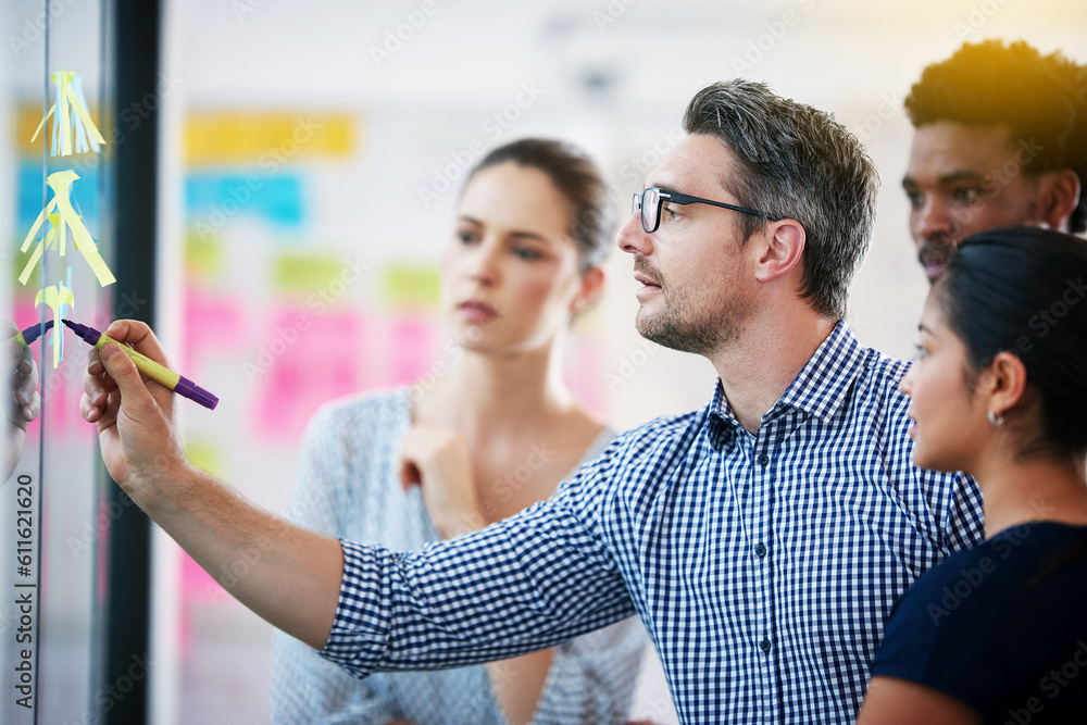 Poster collaboration, brainstorming and team building or design a creative idea together in meeting and pla