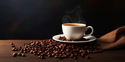 Close up of smooth espresso in roasted steaming white coffee cup and coffee bean on a wooden table