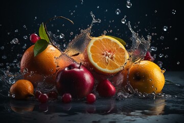 Fototapeta na wymiar Fruits colliding with a splash. Generative AI