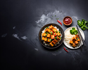 Fried tofu bowl with broccoli and rice. Vegan food. Generative AI