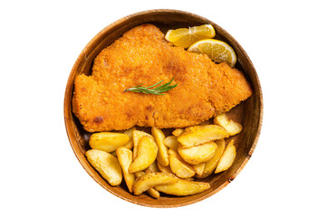 Austrian fried weiner schnitzel with potato wedges in a wooden plate.  Isolated, transparent background - obrazy, fototapety, plakaty