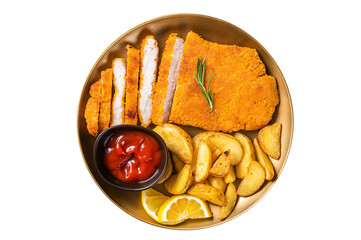 Breaded german weiner schnitzel with potato wedges.  Isolated, transparent background - obrazy, fototapety, plakaty