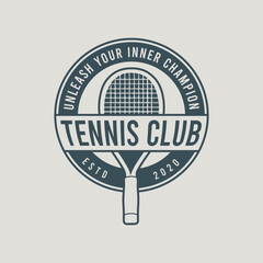 Tennis club badges. Vector illustration. The concept for shirt, print, stamp, or tee. Vintage typography design with tennis player, racket, and ball silhouette.