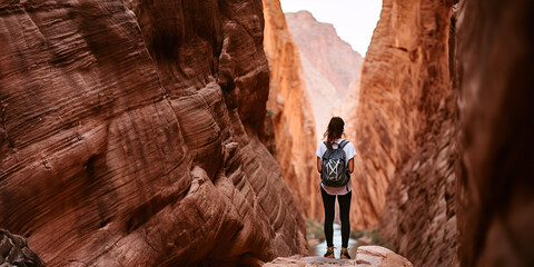 A young man stands in a gorge against the background of a canyon. Generative AI