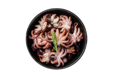 Fried baby octopuses in a skillet with herbs.  Isolated, transparent background