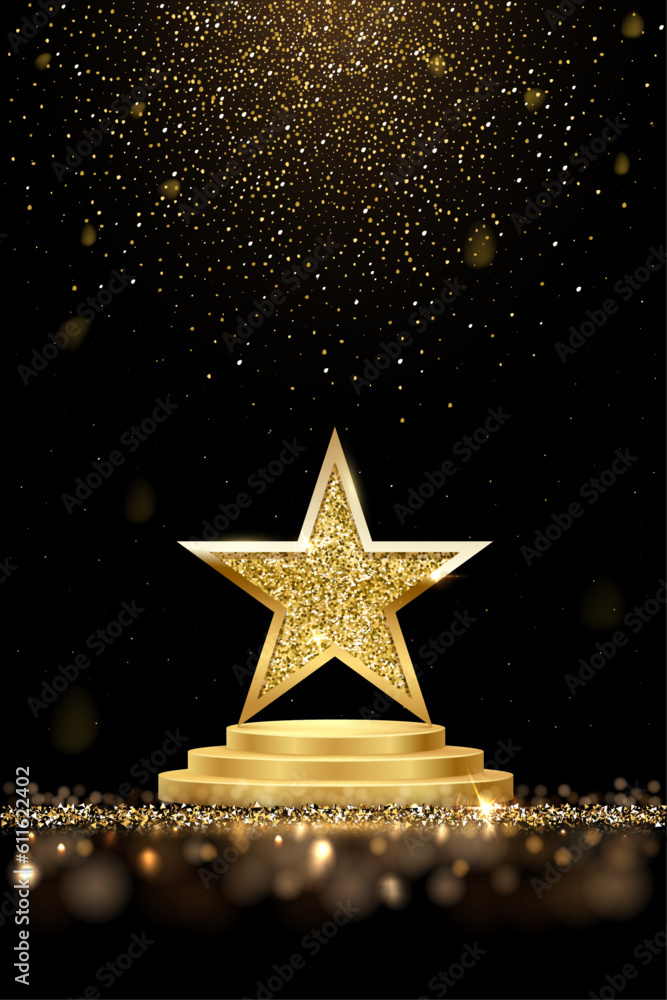Wall mural Golden three step podium with star glowing. Gold stage with glitter and light smoke on dark background. Hollywood fame in film and cinema or championship in sport vector illustration - Wall murals