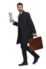 Work, business and man with a briefcase for professional, job and corporate worker with a newspaper...