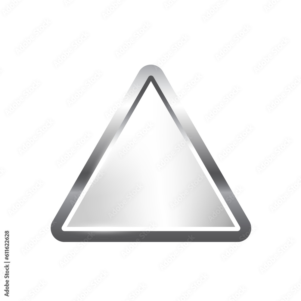 Poster silver triangle button with frame vector illustration. 3d steel glossy elegant design for empty embl