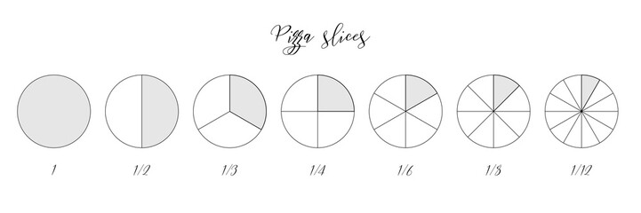 Circle segments of pie charts set, round diagram divides on 1 2 3 4 6 8 12 slices
