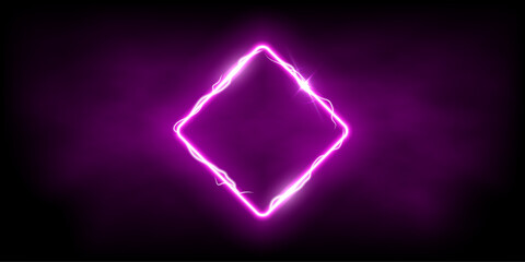 Magic purple rhombus of thunder storm blue lightnings. Magic and bright light effects electric border. Pink plasma frame with thunderbolt electricity lightning power effect on dark fog background