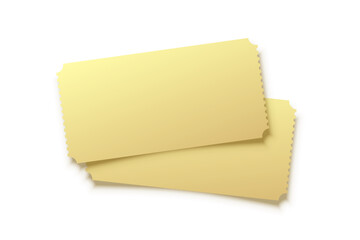 3D golden blank tickets mockup vector illustration. Realistic gold coupons for entry to carnival party and circus, theater or movie show, VIP vouchers with ribbed edges for admission at entrance
