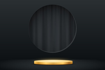 3D luxury gold podium and black curtain in round window of showcase studio room vector illustration. Realistic empty golden pedestal for products presentation, circle niche with shadow in wall