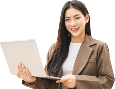 Young business southeast asian woman using laptop computer isolated transparent background