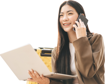 Young adult asian woman using laptop smartphone with travel suitcase isolated transparent background