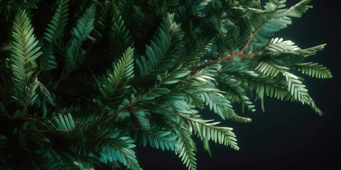 Fototapeta na wymiar Close up of evergreen conifer fir, spruce, pine. Macro Shoot coniferous branch. Nature forest background, wallpaper. Generative ai