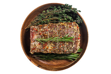 Raw italian Porchetta seasoned with herbs, pork meat roll.  Isolated, transparent background