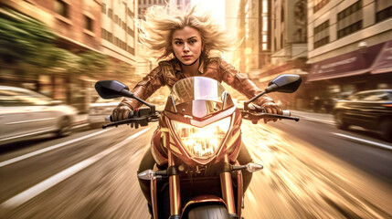Naklejka na ściany i meble Young Pretty woman on a Motorbike in the Streets of Rome Generative AI KI Illustration Wallpaper Journal