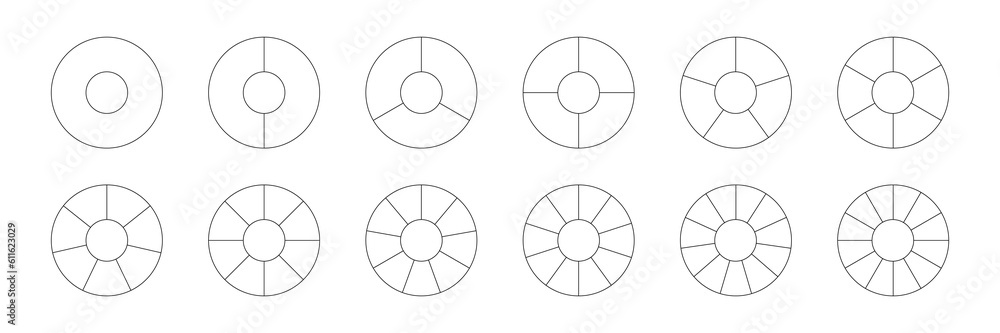 Poster toruses with sections set vector illustration. abstract black line pie charts with divisions, graphi
