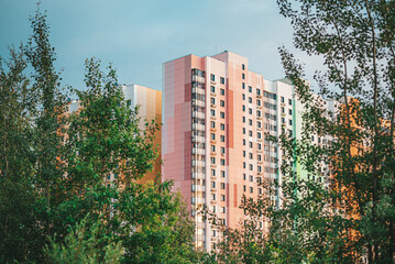 Moscow, Russia - 8 June 2023: Multi-colored multi-storey building in the city of Dolgoprudny, Moscow Region.