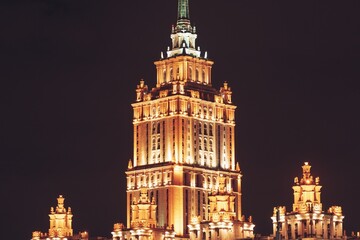 Moscow, Russia - 8 June 2023: Night panoramic photo of Moscow, hotel "Ukraine" close-up.