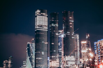 Moscow, Russia - 8 June 2023: Night panoramic photo of the skyscrapers of the city of Moscow, Moscow City.