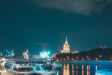Moscow, Russia - 8 June 2023: Night panoramic photo of Moscow, hotel "Ukraine"