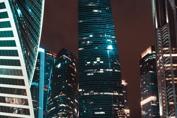 Moscow, Russia - 8 June 2023: Night panoramic photo of the skyscrapers of the city of Moscow, Moscow City.