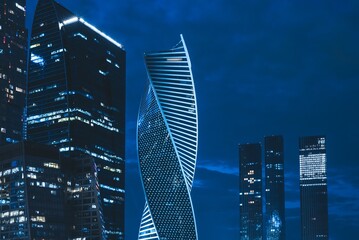 Moscow, Russia - 8 June 2023: Night panoramic photo of the skyscrapers of the city of Moscow, Moscow City.