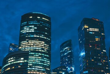 Moscow, Russia - 8 June 2023: Night panoramic photo of the skyscrapers of the city of Moscow, Moscow City.