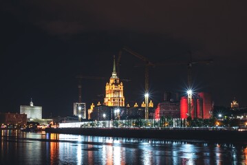 Moscow, Russia - 8 June 2023: Night panoramic photo of the skyscrapers of the city of Moscow, Moscow City.