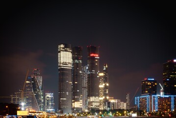 Moscow, Russia - 8 June 2023: Night panoramic photo of the skyscrapers of the city of Moscow, Moscow City.