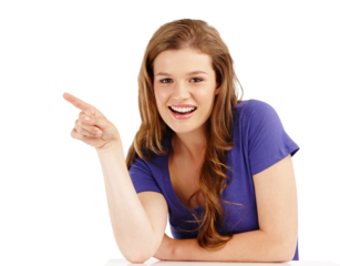 Portrait, point and announcement with a woman isolated on transparent background for marketing or advertising. Smile, information or gesture with a happy young female brand ambassador pointing on PNG