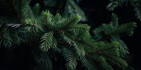Close up of evergreen conifer fir, spruce, pine. Macro Shoot coniferous branch. Nature forest background, wallpaper. Generative ai