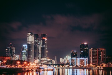 Moscow, Russia - 8 June 2023: Night panoramic photo of the skyscrapers of the city of Moscow, Moscow City.