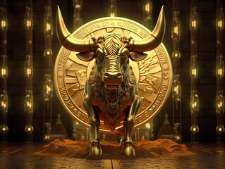 Obraz premium golden bull in digital era, crypto bull run sign. geometric background