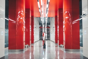 Moscow, Russia - 8 June 2023: Moscow metro station in red colors.