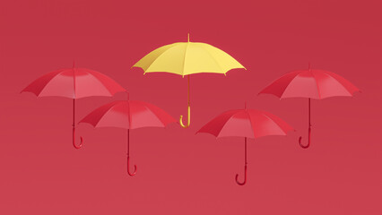 Fototapeta na wymiar Yellow umbrella over red background. Standing out from the crowd. Concept of difference. Advertisement idea. Creative composition. 3d render, social media and sale concept 