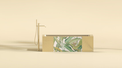Golden bathtub on pastel background. Advertisement idea. Creative composition. 3d render, social media and sale concept
