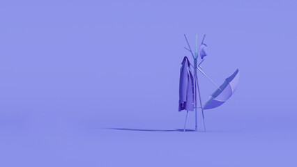 Purple umbrella and bench chair, coat hanging on rack on pastel background. Advertisement idea. Creative composition. 3d render
