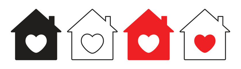 House with heart inside icon set, Home with heart indication of family support and harboring