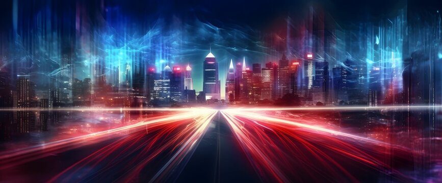 Light Trails with Motion Effect. Red and Blue High Speed Light Effect. Long Exposure. Generative AI © Resdika