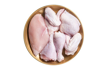 Fresh raw chicken meat with various parts - drumstick, breast fillet, wings, thigh.  Isolated,...