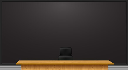 wood table and lcd background in a news studio room	