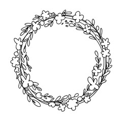Floral Wreath branch in hand drawn style. Floral round black and white frame of twigs, leaves and flowers. Frames for the Valentine's day, wedding decor, logo and identity template.	