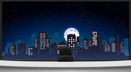 white table in the news studio room with city in the night background