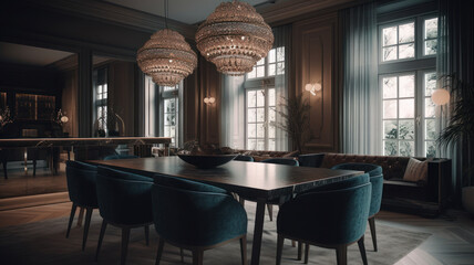 interior of luxury dining room with elegant furniture.
