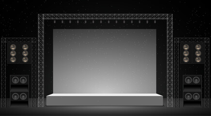 white stage and speaker with spotlight on the truss system on the white background
