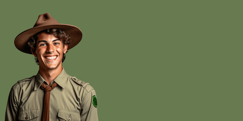 Handsome ranger isolated on solid green background