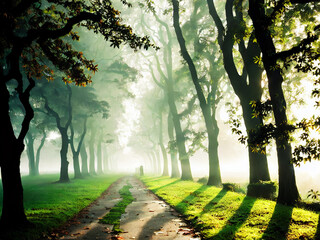 Generative AI - A tranquil forest path bathed in morning sunlight, perfect for a peaceful jog